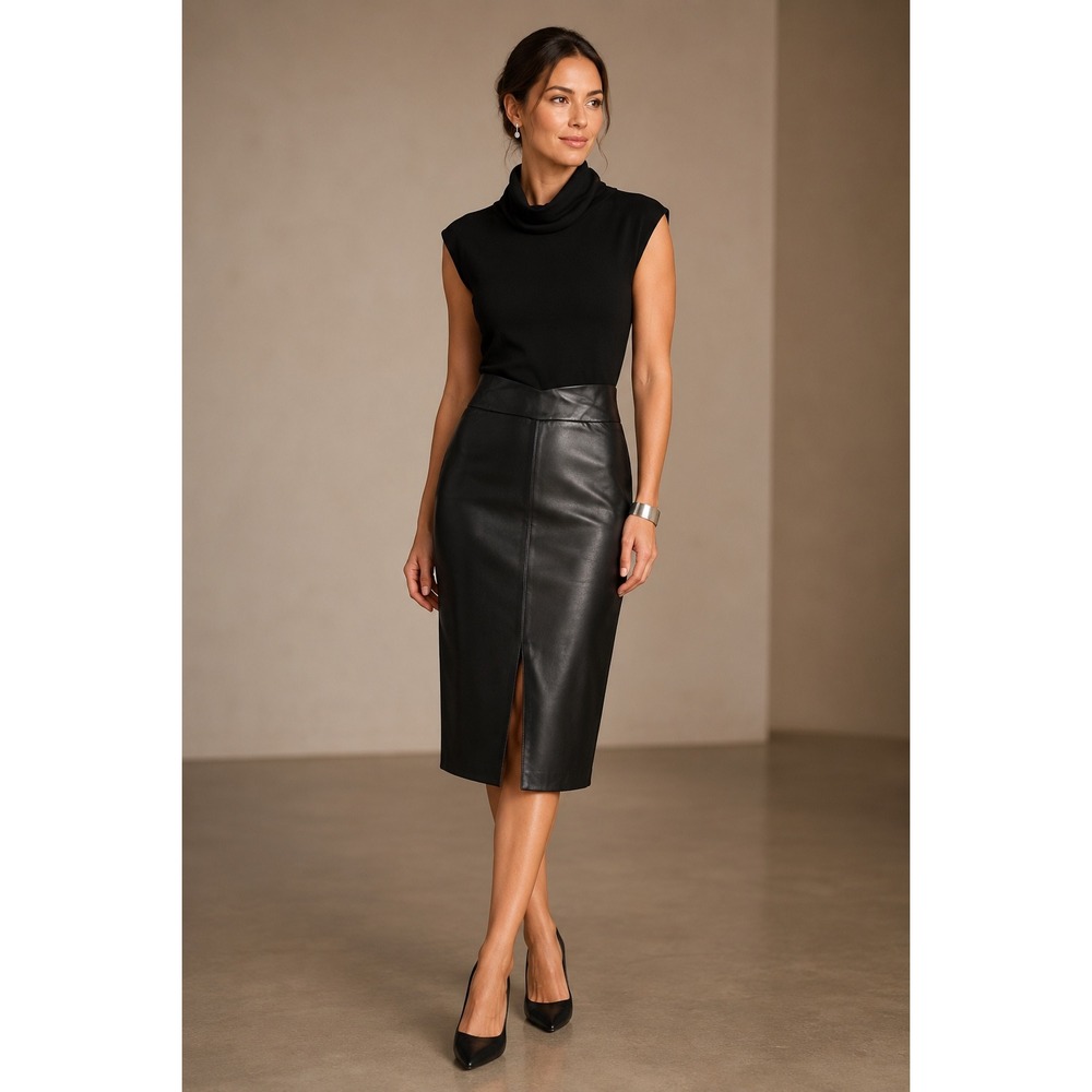 Bailey 44 Musical Montage Dress S Black Faux Leather Cowl Neck Midi Made USA